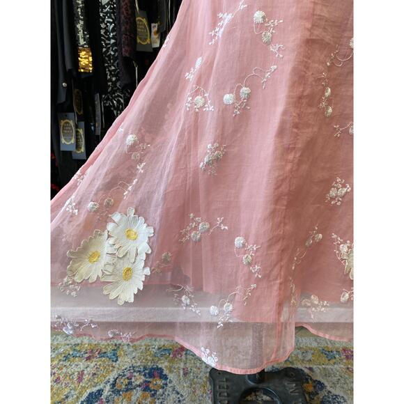 Vintage style pink organza dress applique daisies easter spring wedding s/m 28 - Picture 3 of 12